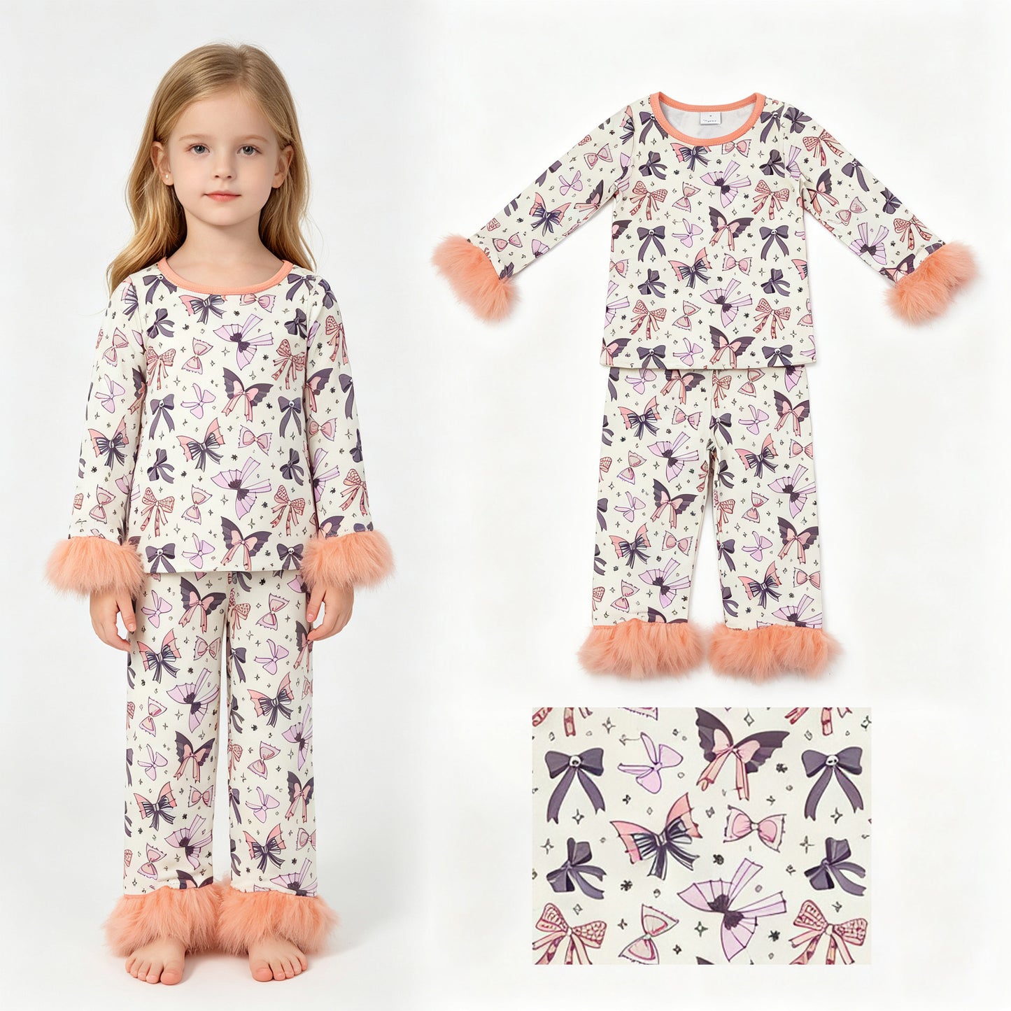 Halloween bow print girls long sleeve pajama set
