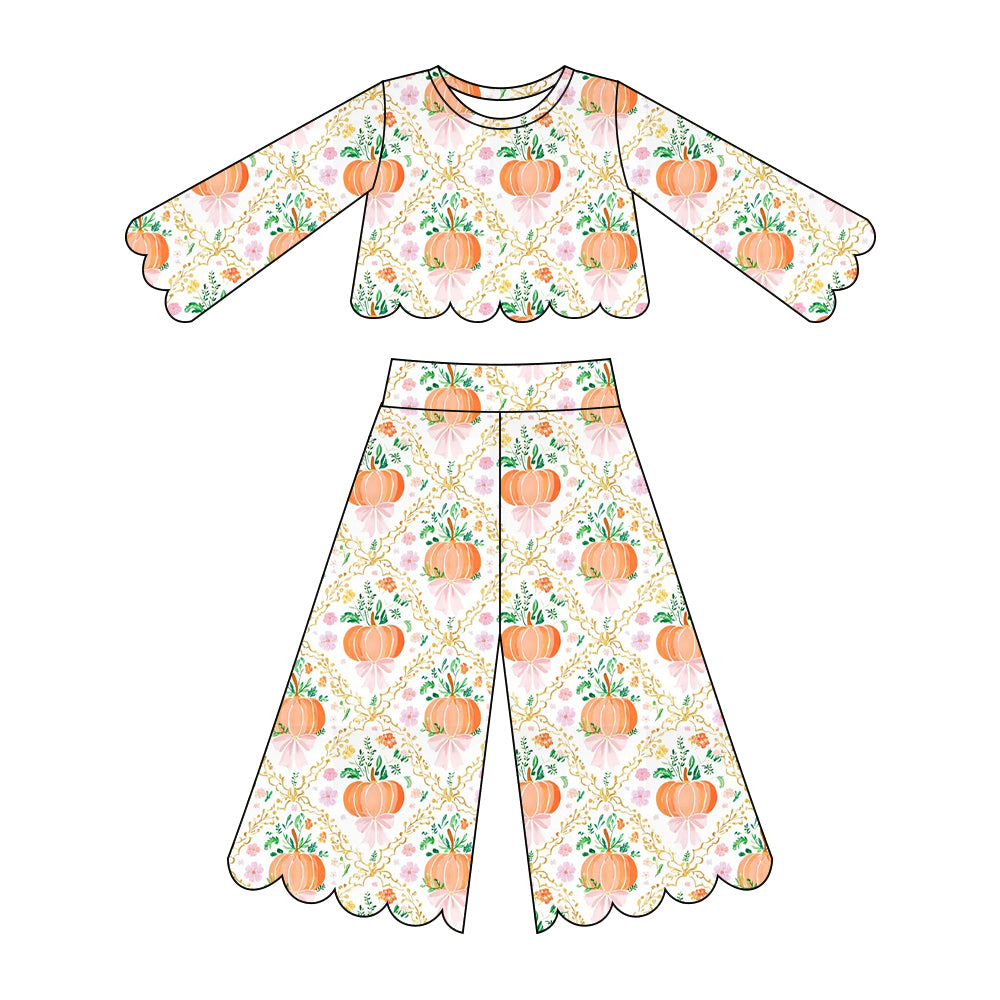 Fall pumpkin scallop print girls long sleeve spring fall set outfit preorder