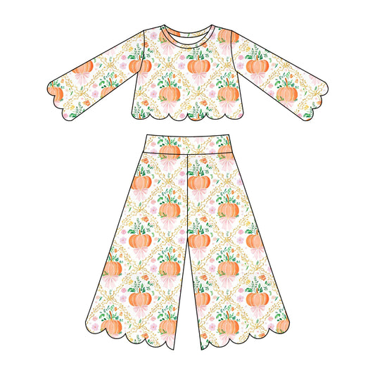Fall pumpkin scallop print girls long sleeve spring fall set outfit preorder