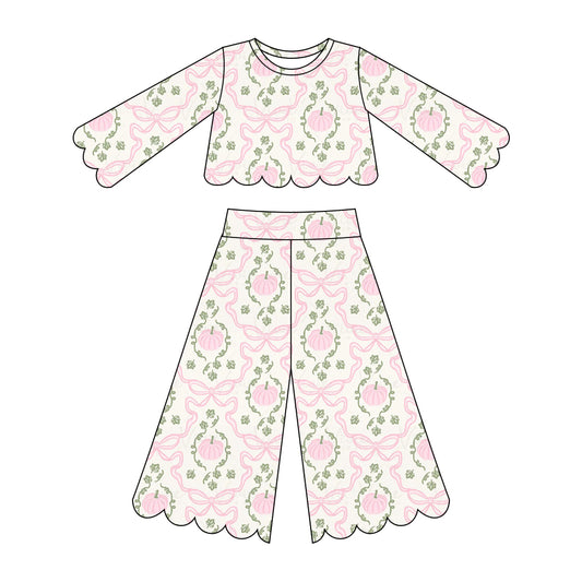Pink pumpkin scallop print girls long sleeve spring fall set outfit preorder