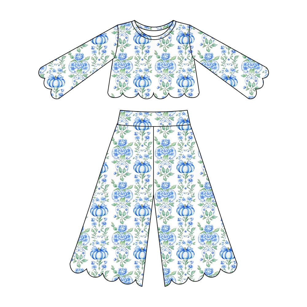 Blue pumpkin scallop print girls long sleeve spring fall set outfit preorder