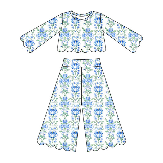Blue pumpkin scallop print girls long sleeve spring fall set outfit preorder