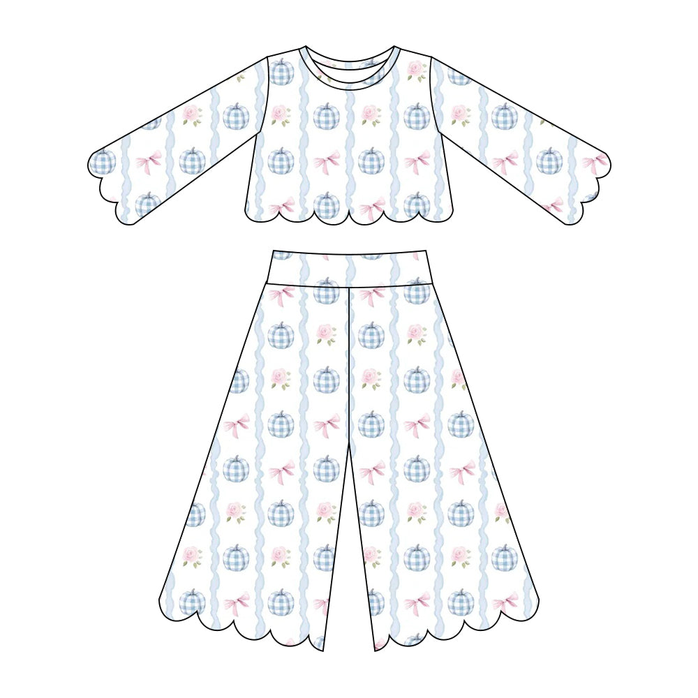 Blue plaid pumpkin scallop print girls long sleeve spring fall set outfit preorder