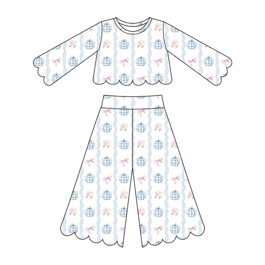 Blue plaid pumpkin scallop print girls long sleeve spring fall set outfit preorder