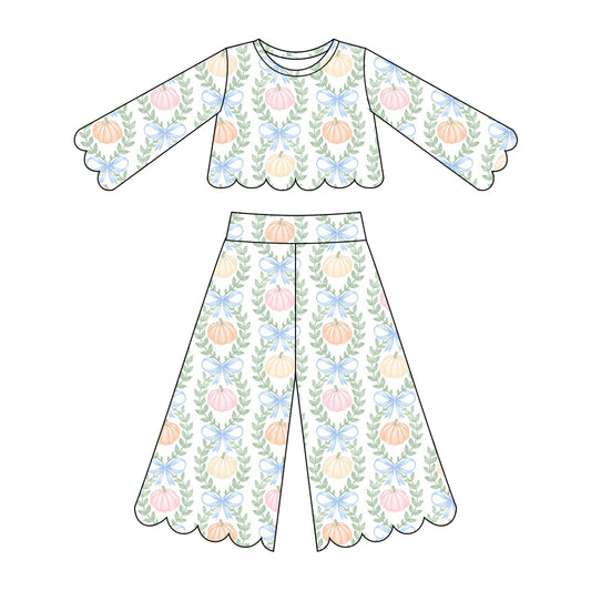Bow pumpkin scallop print girls long sleeve spring fall set outfit preorder