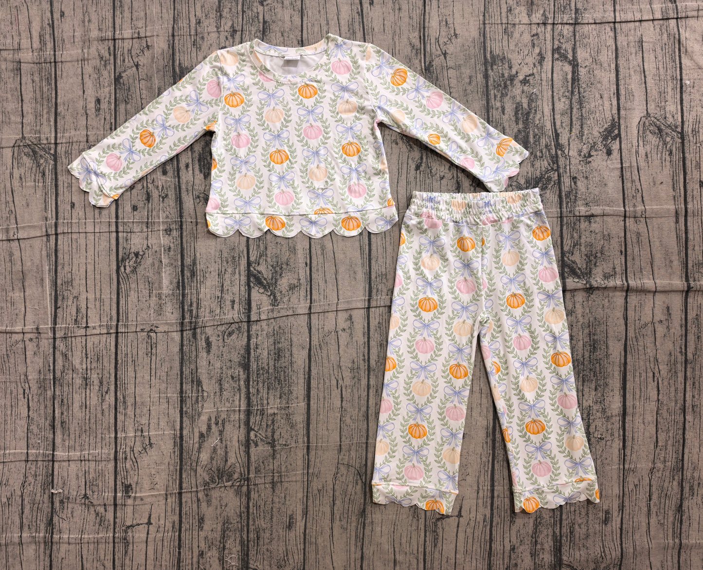 Bow pumpkin scallop print girls long sleeve spring fall set outfit preorder