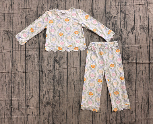 Bow pumpkin scallop print girls long sleeve spring fall set outfit preorder