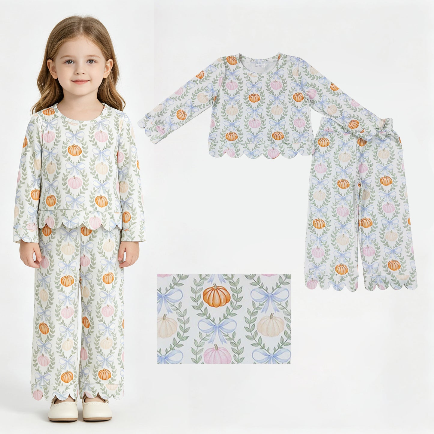 Bow pumpkin scallop print girls long sleeve spring fall set outfit
