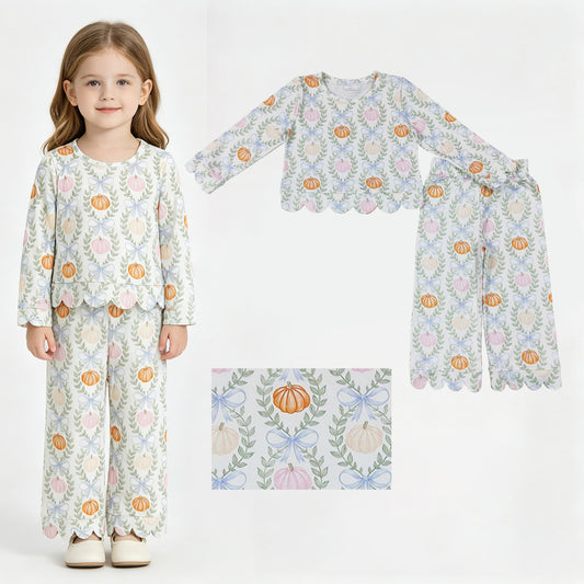 Bow pumpkin scallop print girls long sleeve spring fall set outfit
