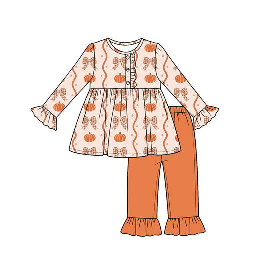 Fall pumpkin print girls long sleeve set outfit preorder