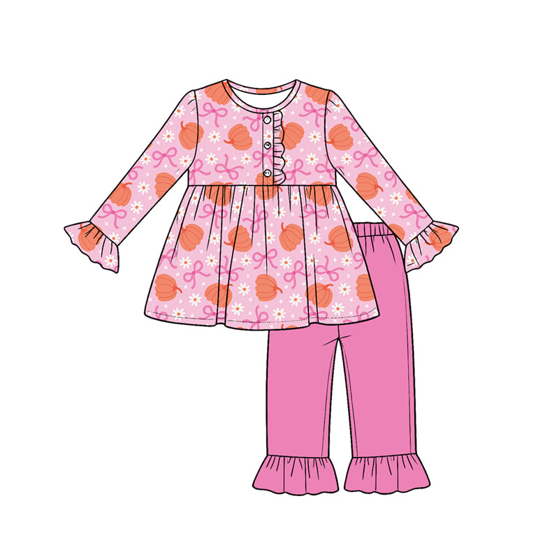 Fall pumpkin print girls long sleeve set outfit preorder