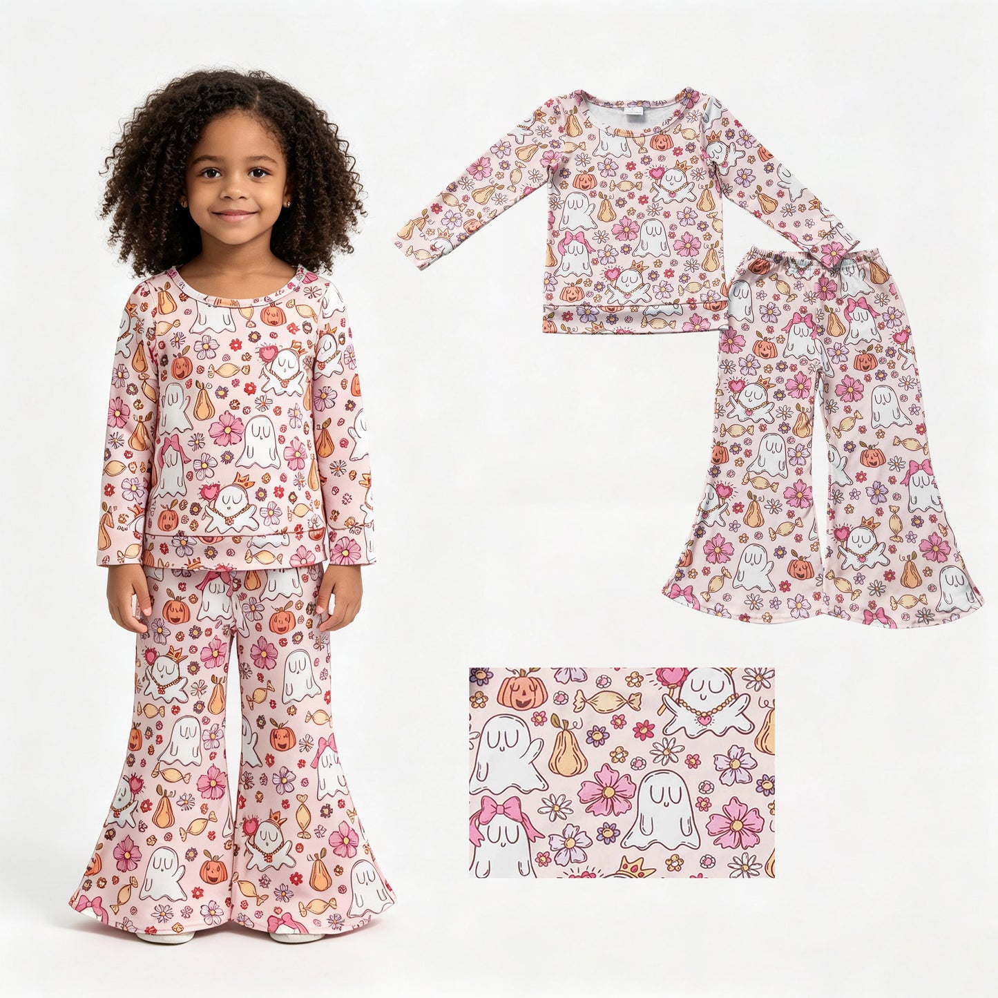 Halloween ghost pumpkin long sleeve top matching pants girls outfit
