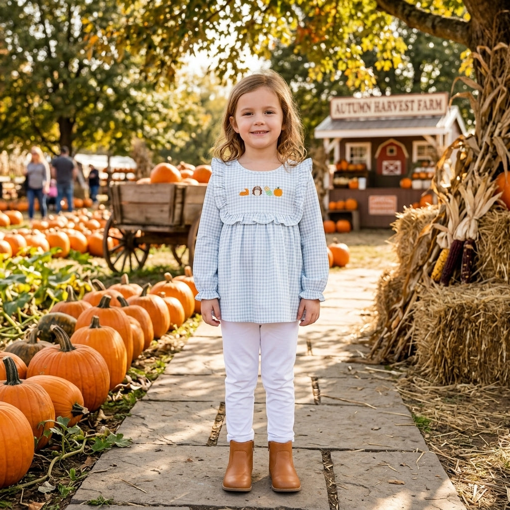 Embroidery Thanksgiving turkey pumpkin long sleeve top matching legging girls outfit