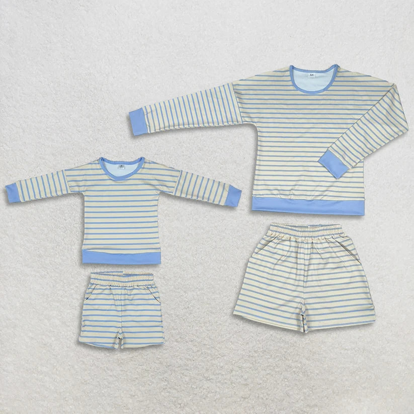 Mommy and me Blue Cream Striped Long Sleeve Top Elastic Waist Shorts Clothes Set