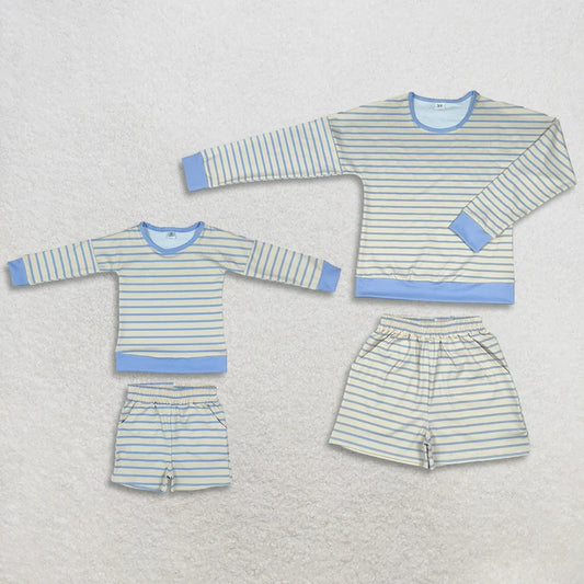 Mommy and me Blue Cream Striped Long Sleeve Top Elastic Waist Shorts Clothes Set