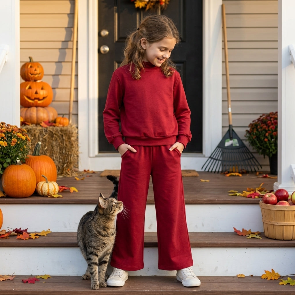 Dark Red color long sleeve top matching pants girls spring fall outfit