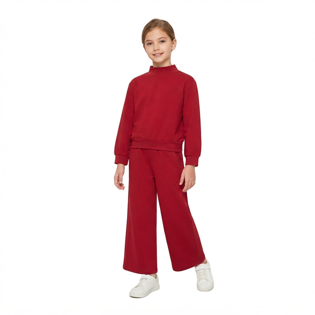Dark Red color long sleeve top matching pants girls spring fall outfit