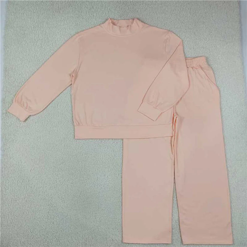 Mommy and me pink color long sleeve mock neck top matching leggings set