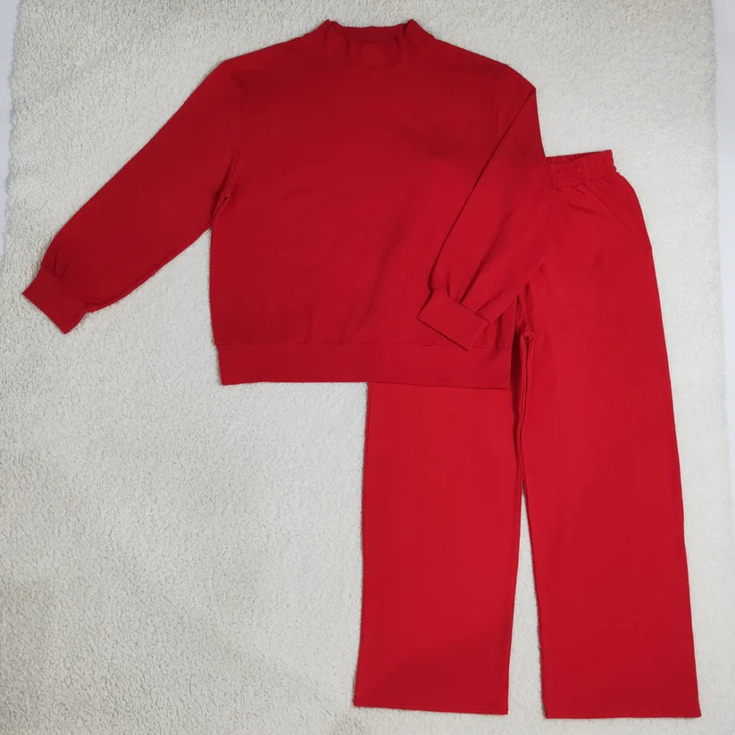 Mommy and me red color long sleeve mock neck top matching leggings set
