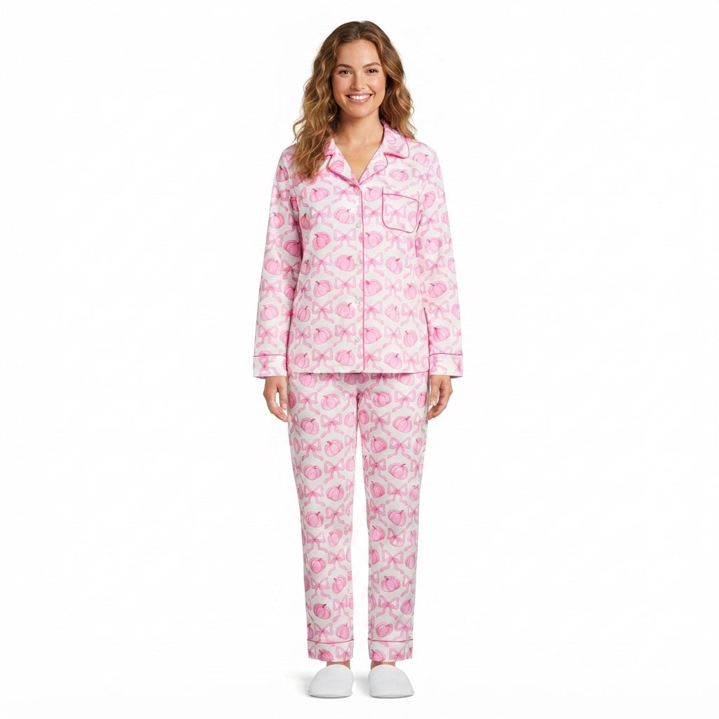 Adult women pink pumpkin design long sleeve pajama set