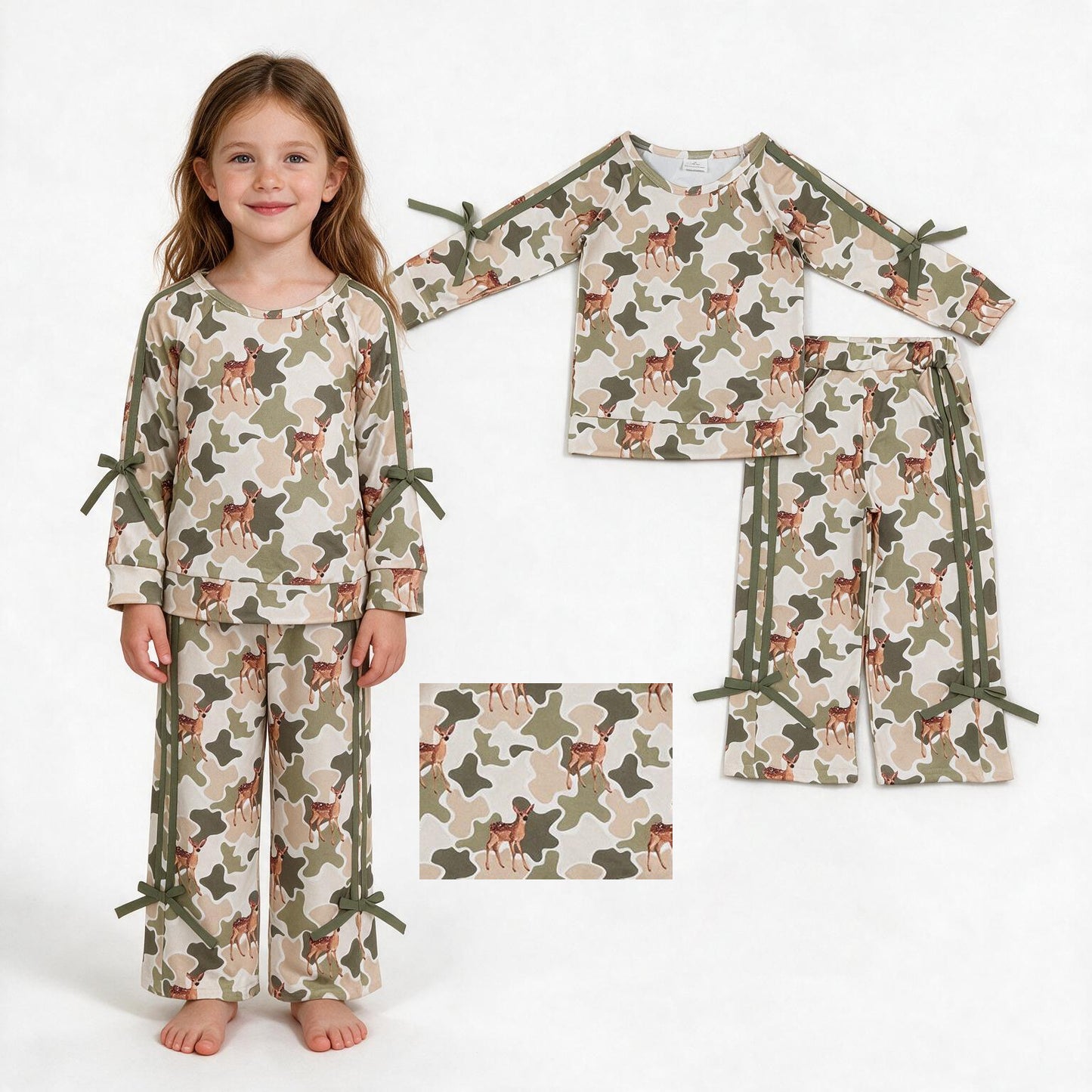 Deer camo long sleeve top matching pants girl outfit