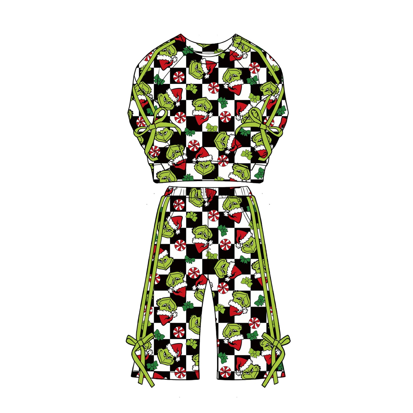Christmas green face print long sleeve top matching pants girl outfit preorder
