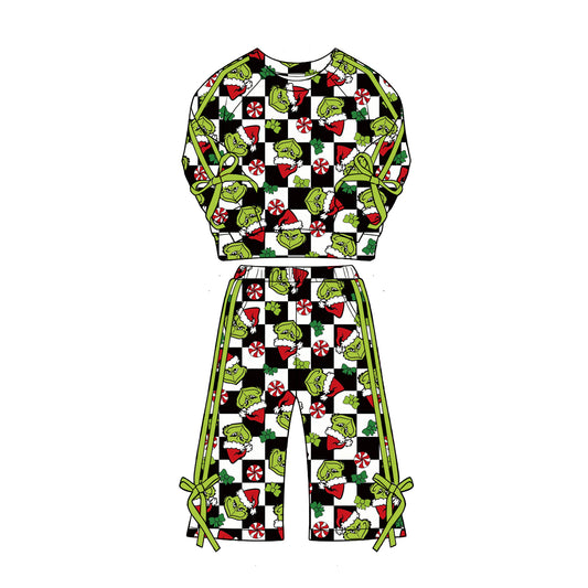 Christmas green face print long sleeve top matching pants girl outfit preorder