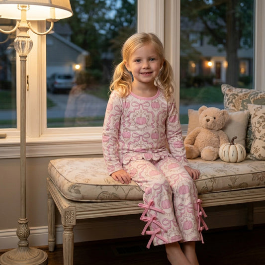 Pink bow pumpkins long sleeve top matching pants girls outfit