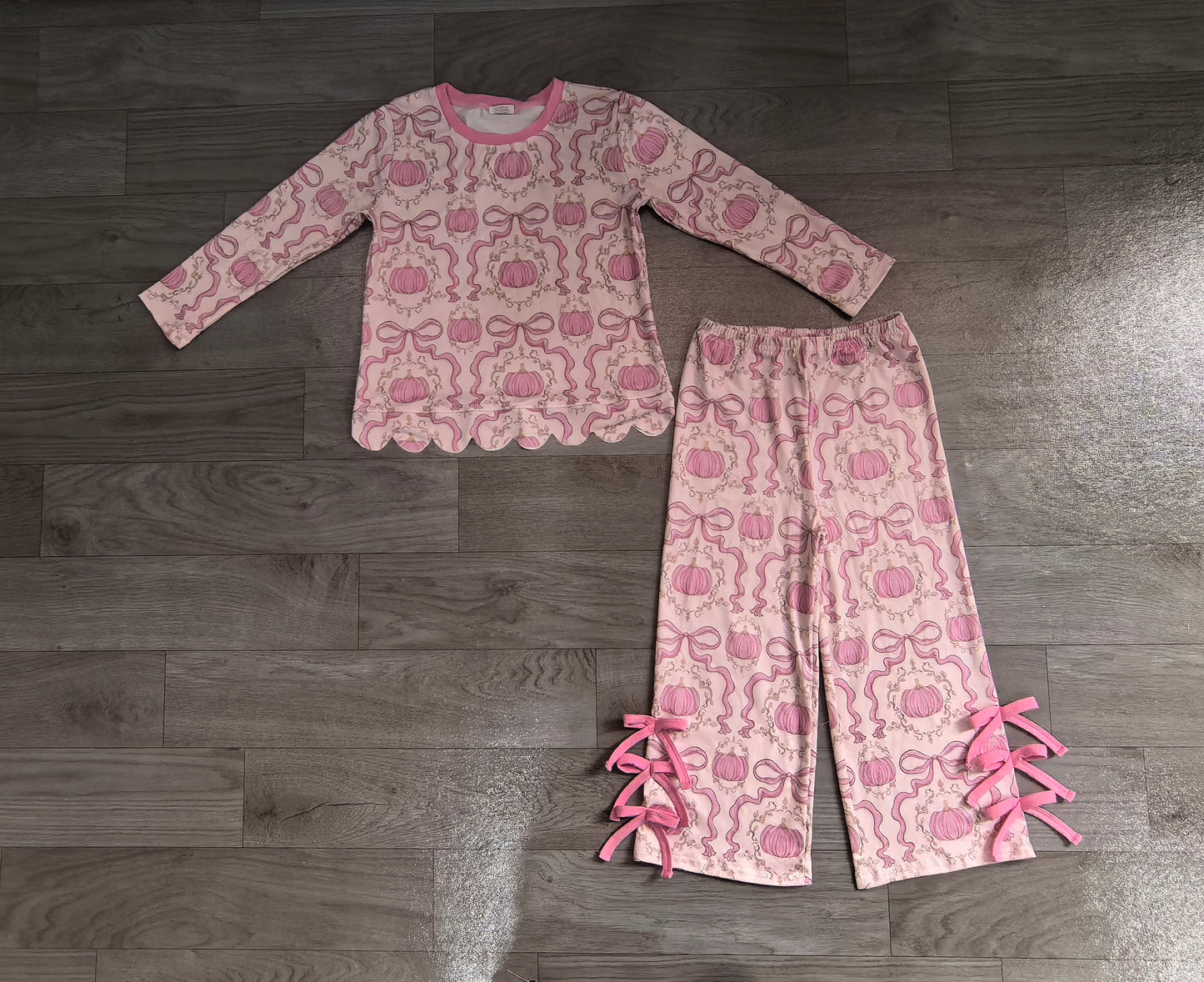 Pink bow pumpkins long sleeve top matching pants girls outfit preorder