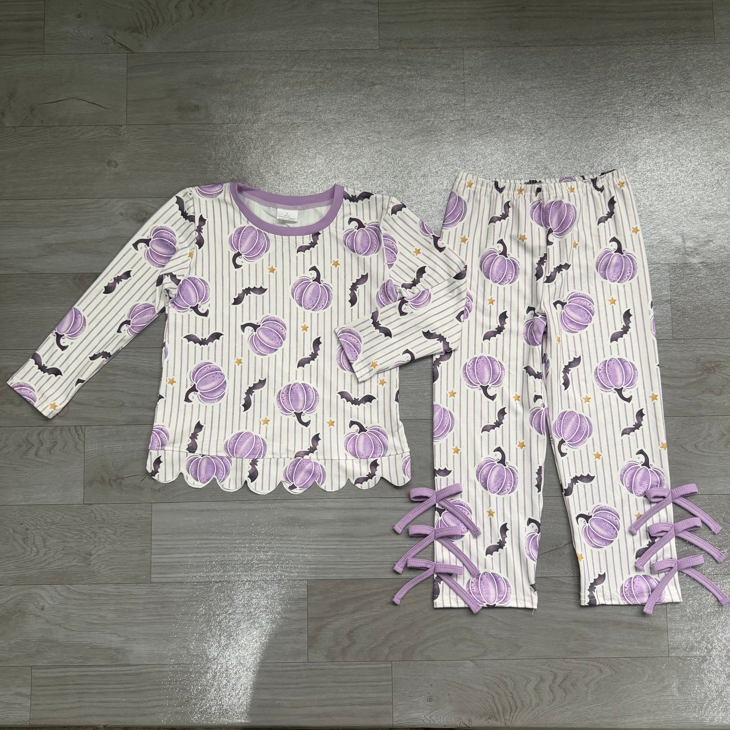 Halloween bat lavender pumpkins long sleeve top matching pants girls outfit preorder