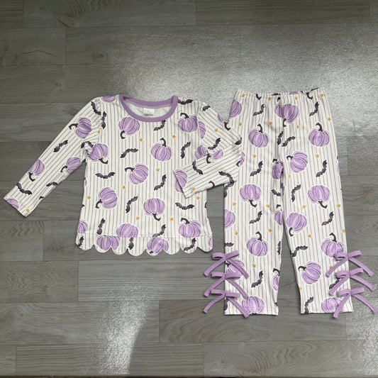 Halloween bat lavender pumpkins long sleeve top matching pants girls outfit preorder
