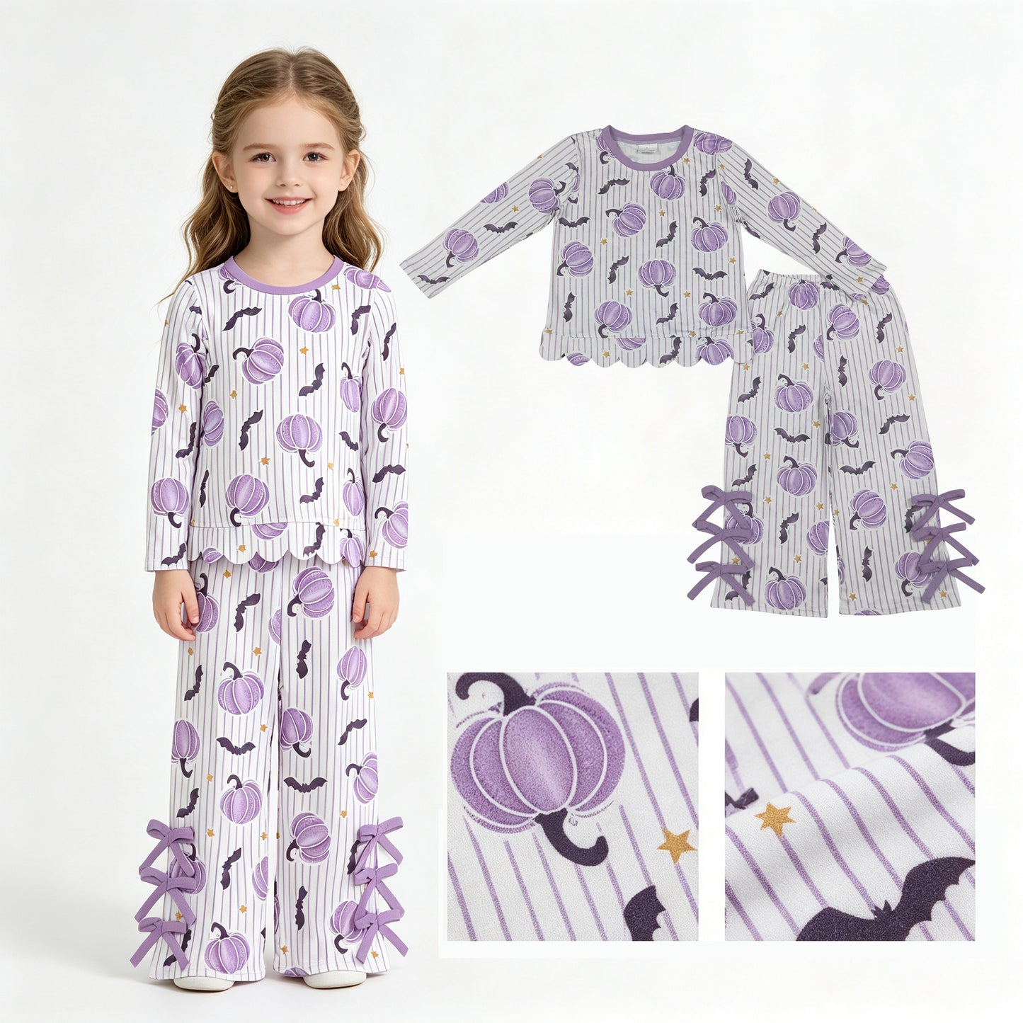 Halloween bat lavender pumpkins long sleeve top matching pants girls outfit