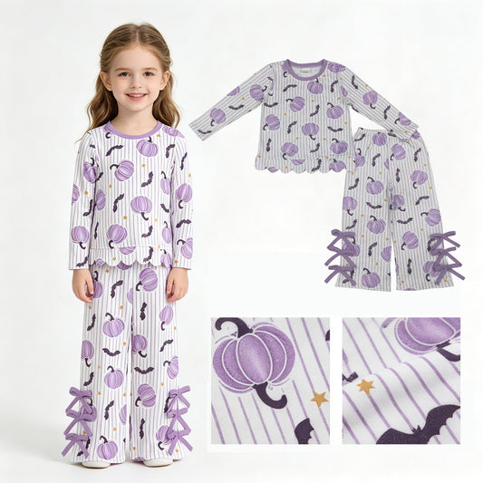 Halloween bat lavender pumpkins long sleeve top matching pants girls outfit