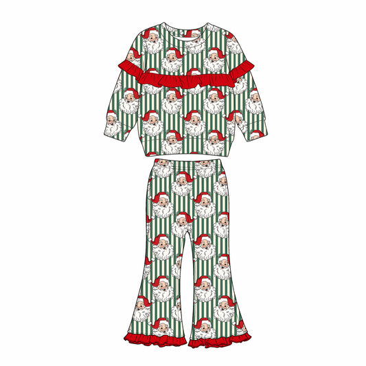Christmas santa claus green stripes long sleeve top matching pants girl outfit preorder