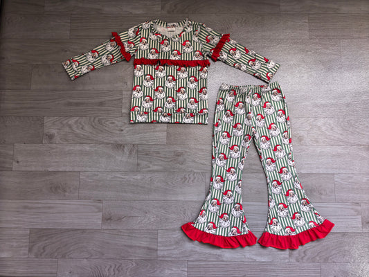 Christmas santa claus green stripes long sleeve top matching pants girl outfit preorder