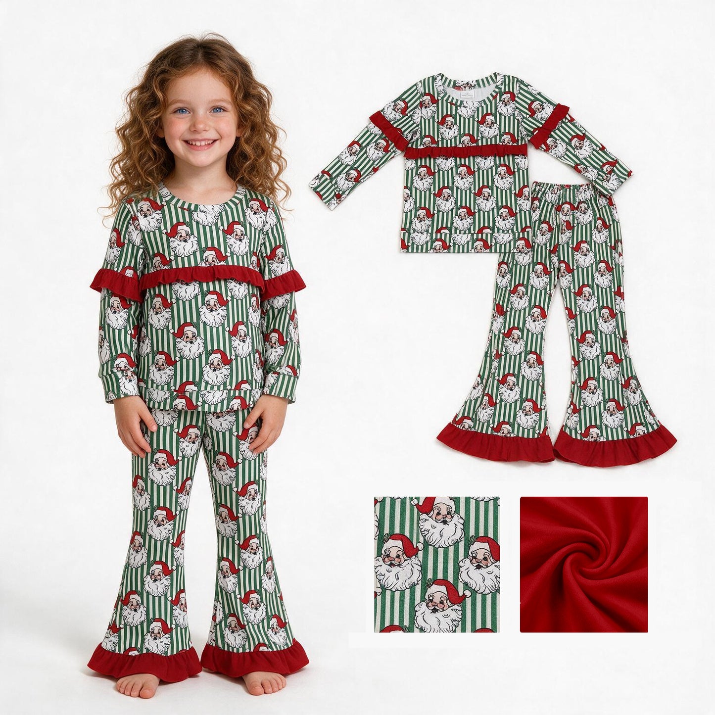 Christmas santa claus green stripes long sleeve top matching pants girl outfit