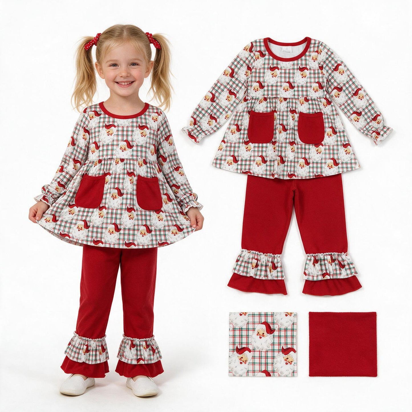 Christmas santa claus long sleeve top matching pants girl outfit