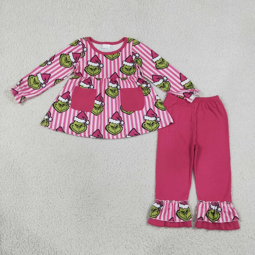 Christmas santa claus long sleeve top matching pants girl outfit