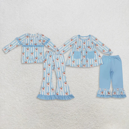 Christmas santa claus blue stripes long sleeve top matching pants girl outfit