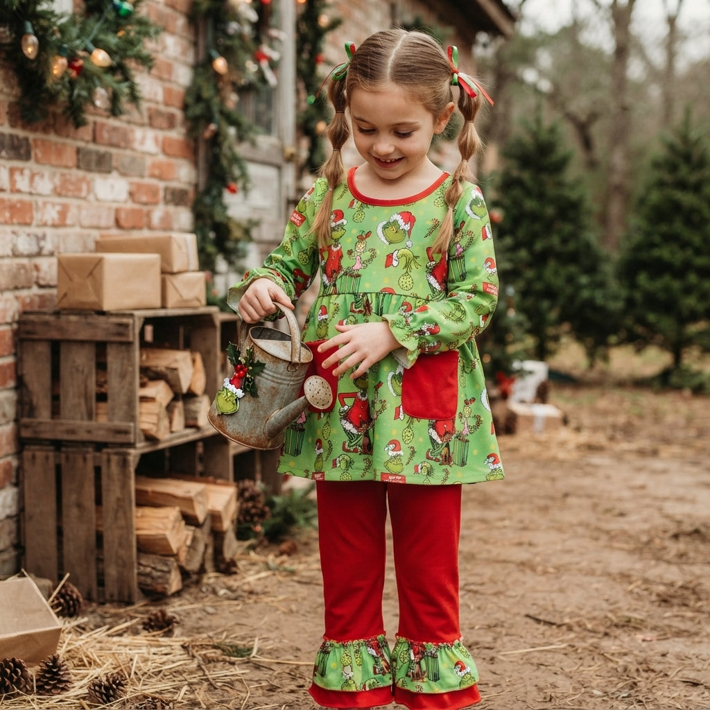 Christmas green face long sleeve top matching pants girl outfit