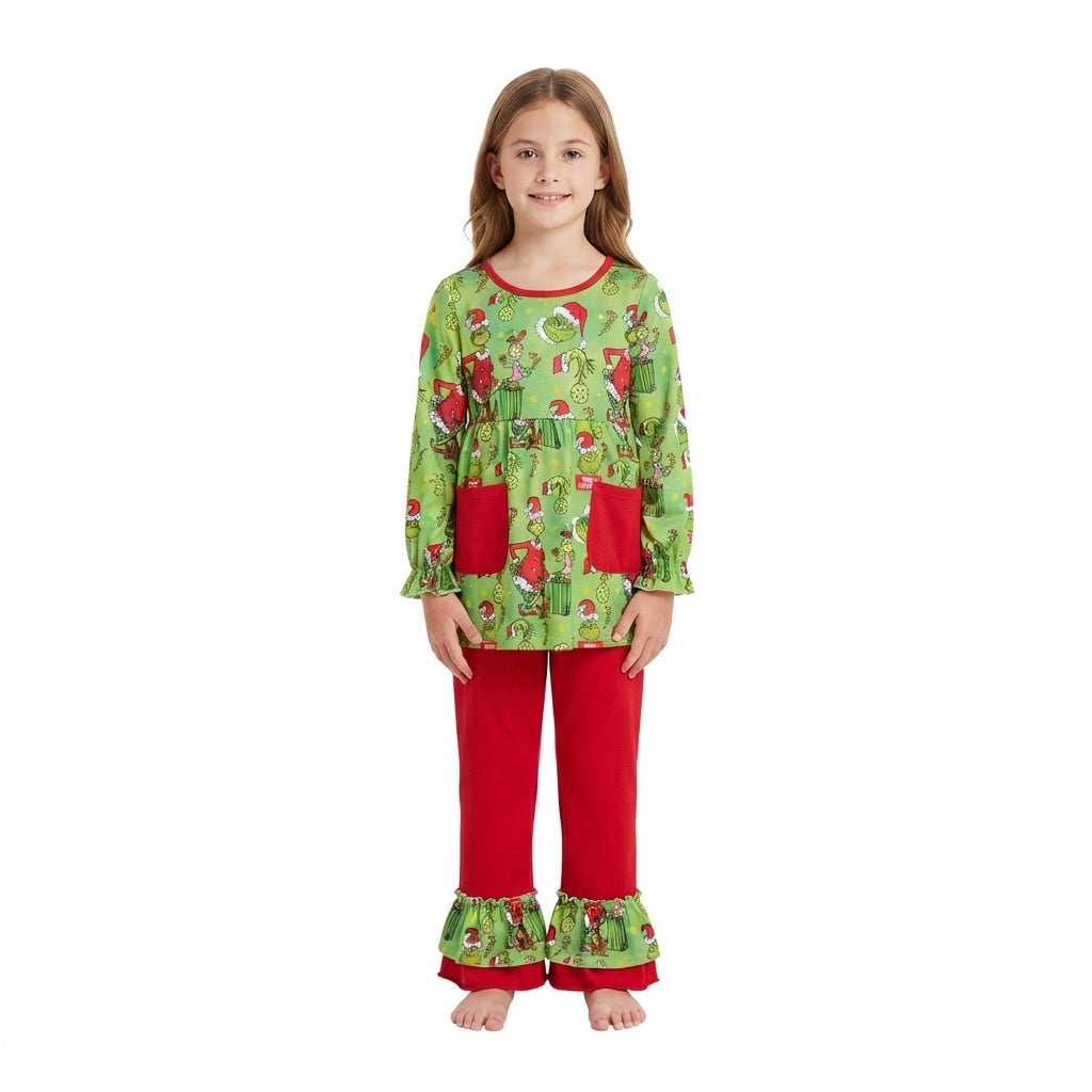 Christmas green face long sleeve top matching pants girl outfit