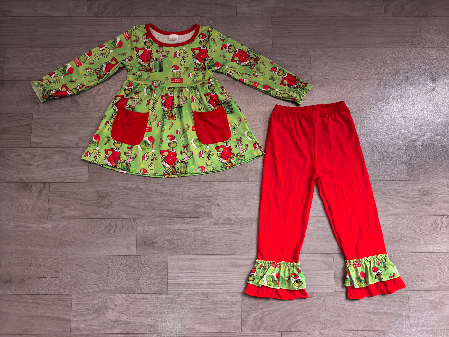 Christmas green face long sleeve top matching pants girl outfit preorder