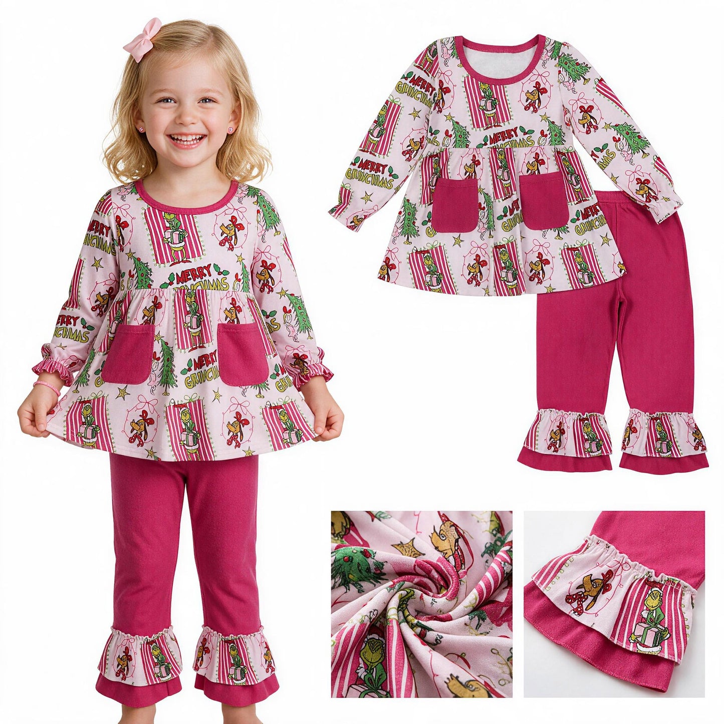 Christmas green face long sleeve top matching pants girl outfit