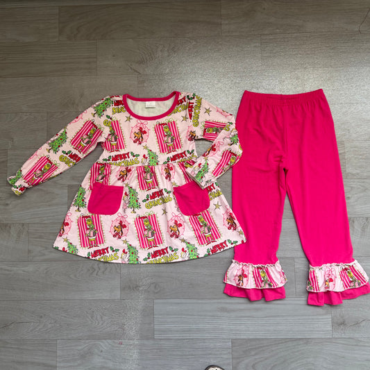 Christmas green face long sleeve top matching pants girl outfit preorder