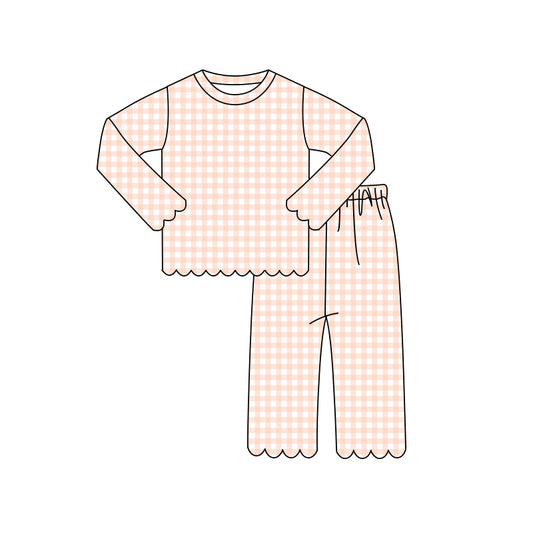 Pink plaid color long sleeve top matching pants girl clothes preorder