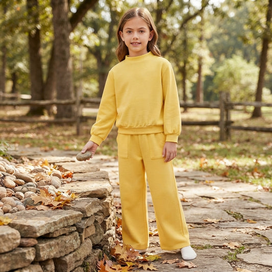 Yellow color long sleeve top matching pants girls outfit