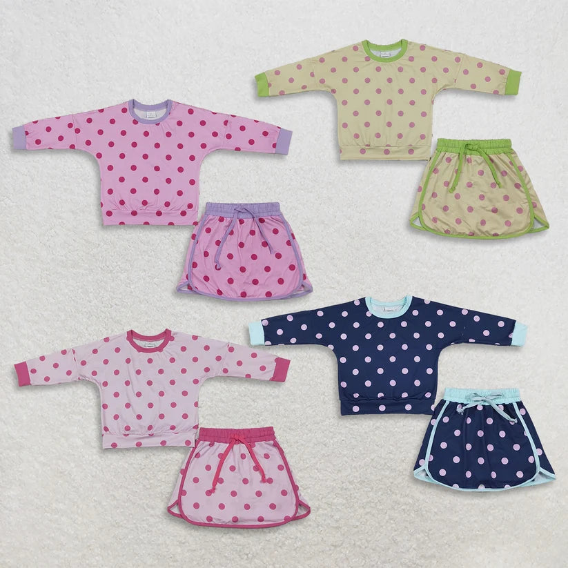 Navy color polka dots long sleeve top matching shorts girls outfit