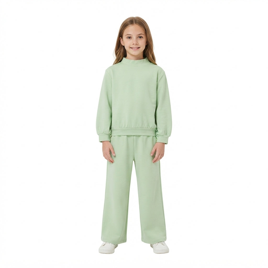 Green color long sleeve top matching pants girls outfit