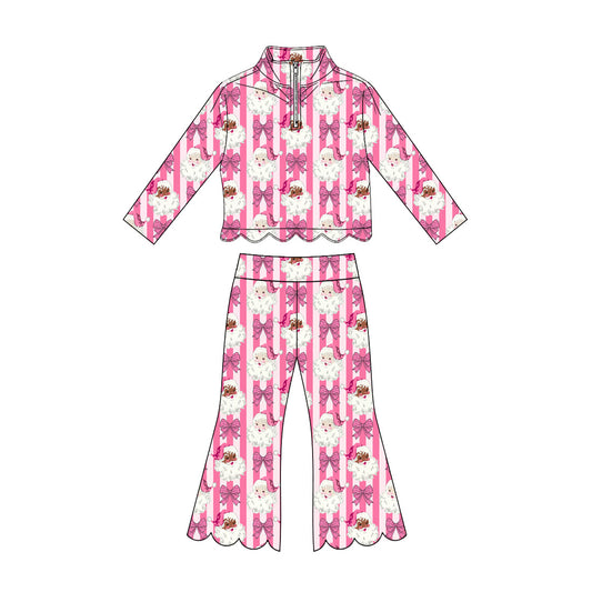 Christmas santa claus bow print long sleeve pullover top matching pants girls outfit preorder