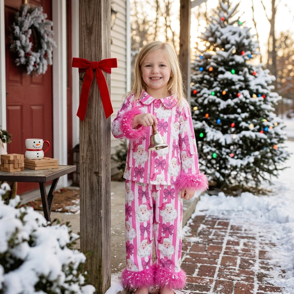 Christmas santa claus long sleeve top matching pants girls pajama set outfit